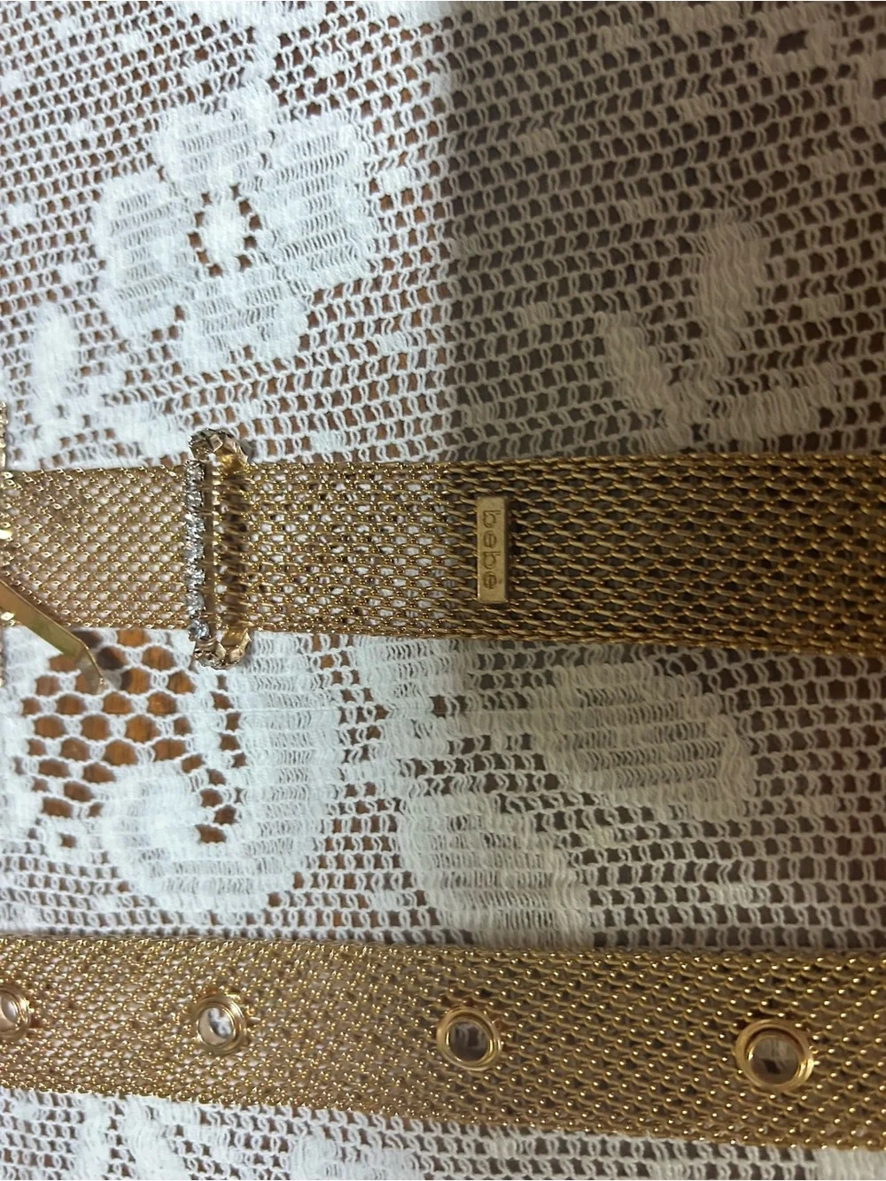 bebe Gold Mesh Bracelet with Rhinestone Square Buckle